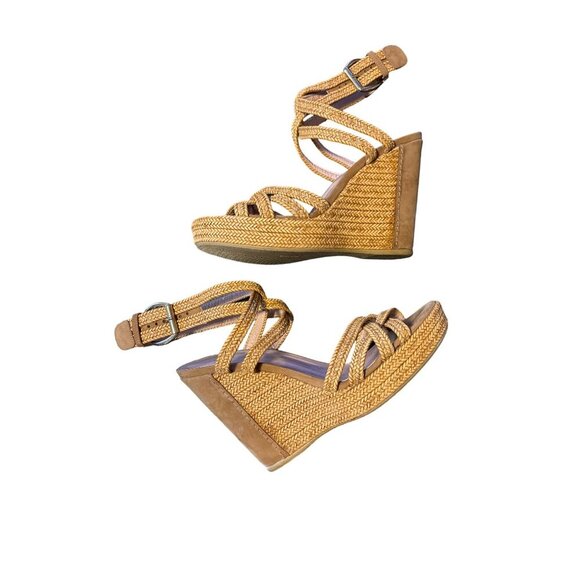 Stuart Weitzman Reins Camel Braided Leather Trim Strappy Wedge Sandals Sz 9 - Picture 6 of 11